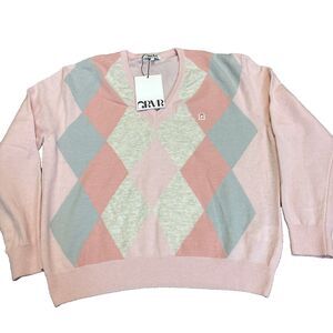 Grove Korea Pullover Sweater Argyle Cotton V-Neck Long Sleeve Preppy Wool Blend